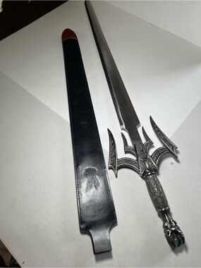 Fantasy Sword with Black Leather Scabbard - Silver & Black stainless steel